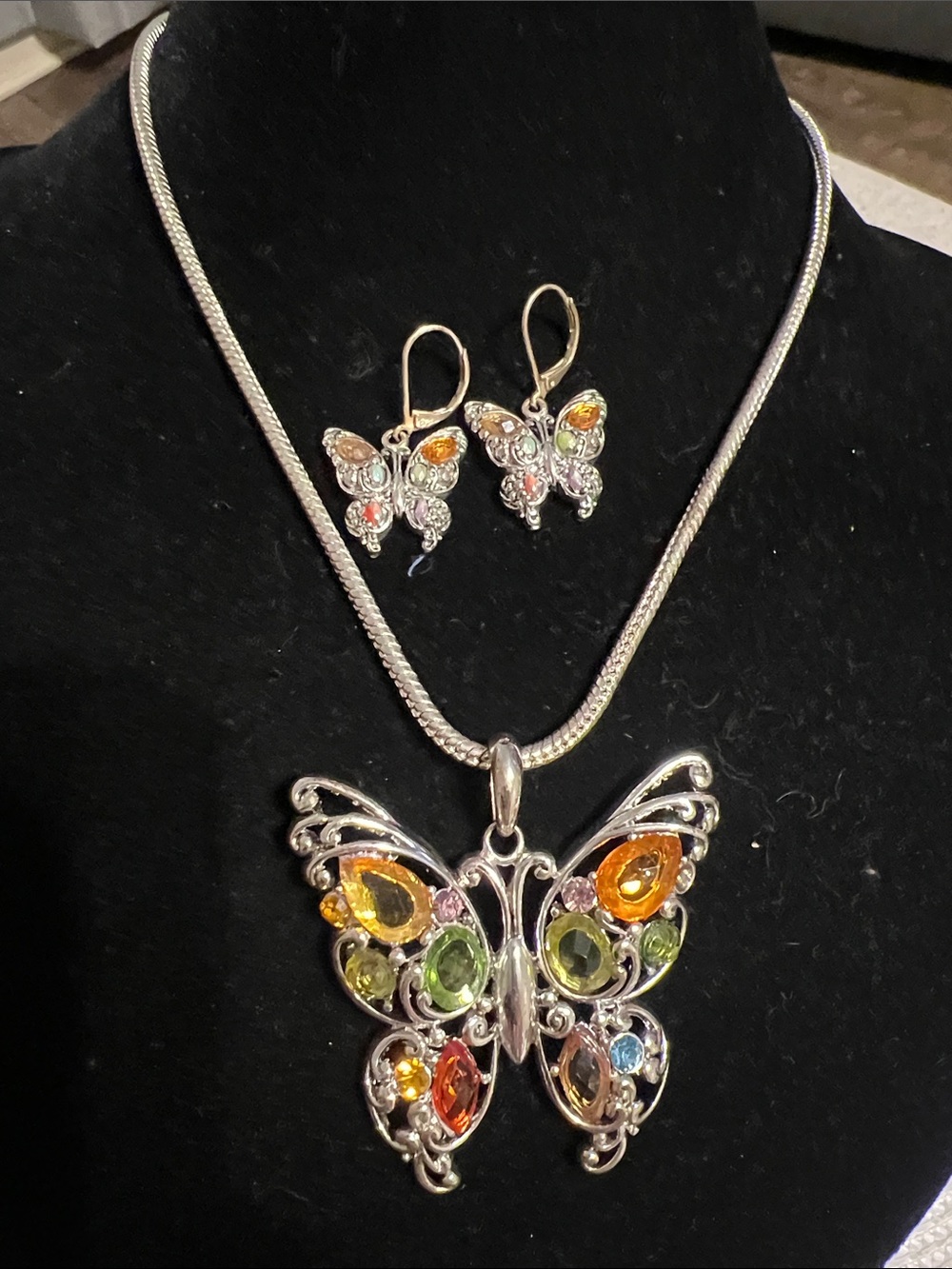 Silver Butterfly Multi-Color Gem Necklace and Earring Set